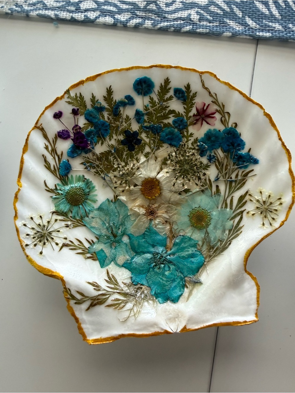 Handmade Floral Seashell Decoupage Art in Teal and Gold 4”-5” shell